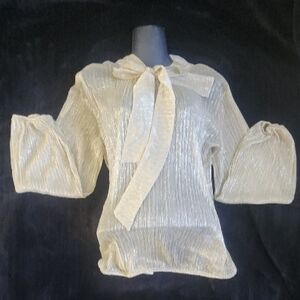 New York & Company Gold Blouse with Bow and Puffed Sleeves